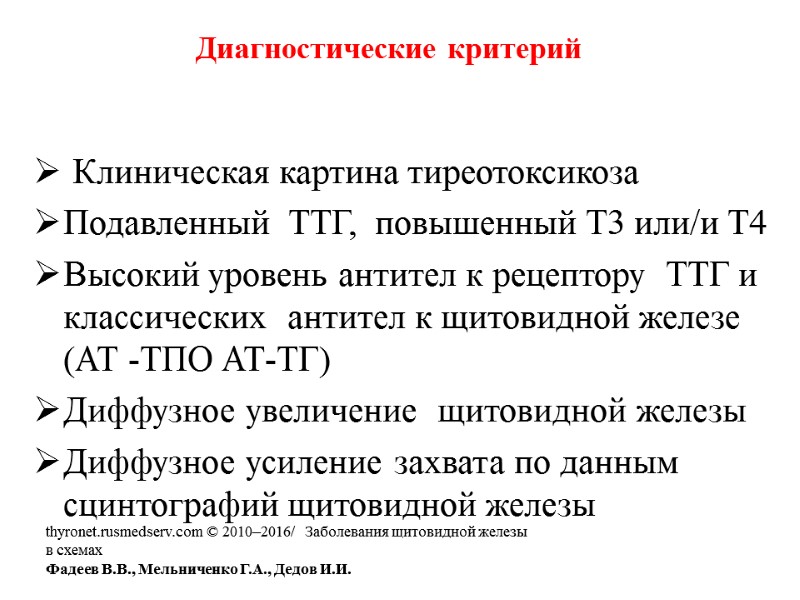 Клиническая картина тиреотоксикоза Подавленный  ТТГ,  повышенный Т3 или/и Т4  Высокий уровень